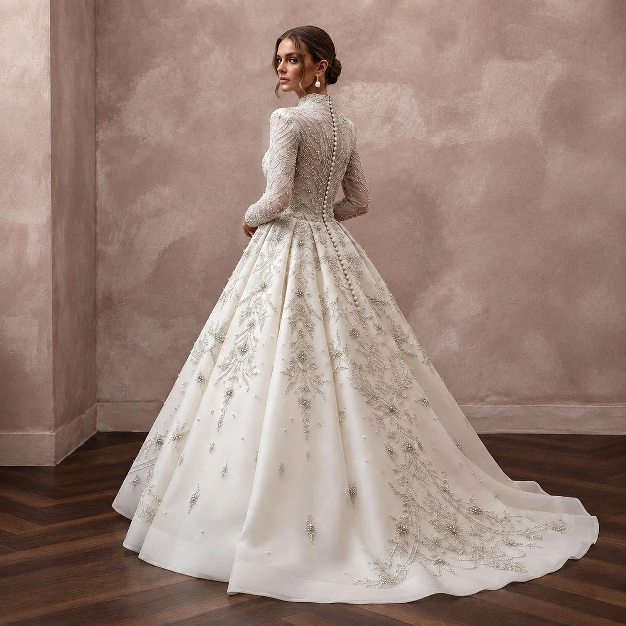 Muslim Beaded Wedding Dress with Long Sleeves and A-Line Silhouette