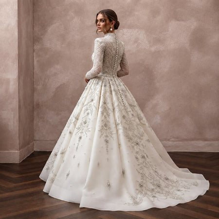 Muslim Beaded Wedding Dress with Long Sleeves and A-Line Silhouette