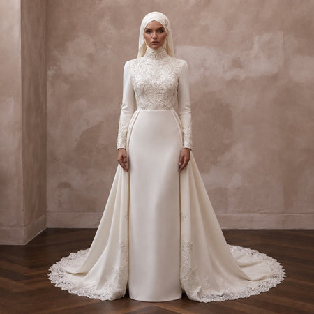 Muslim Bridal Gown with Hijab and Detachable Train