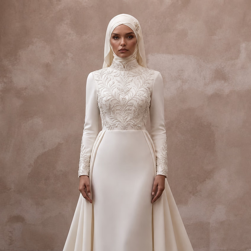 Muslim Bridal Gown with Hijab and Detachable Train