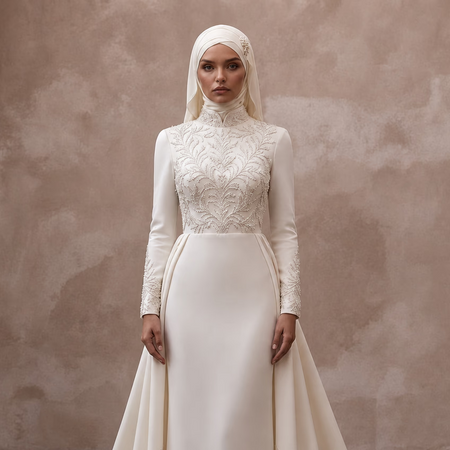 Muslim Bridal Gown with Hijab and Detachable Train