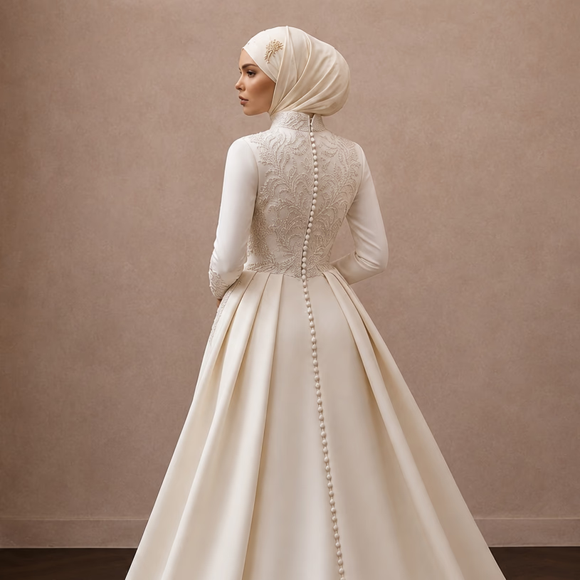 Muslim Bridal Gown with Hijab and Detachable Train