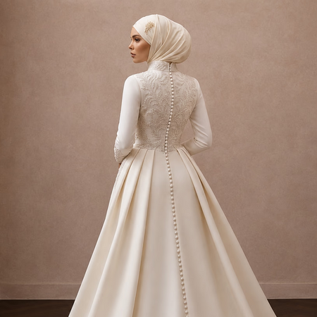 Muslim Bridal Gown with Hijab and Detachable Train