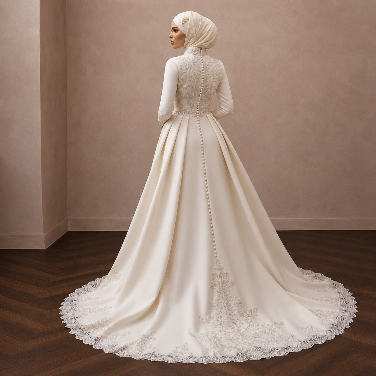 Muslim Bridal Gown with Hijab and Detachable Train