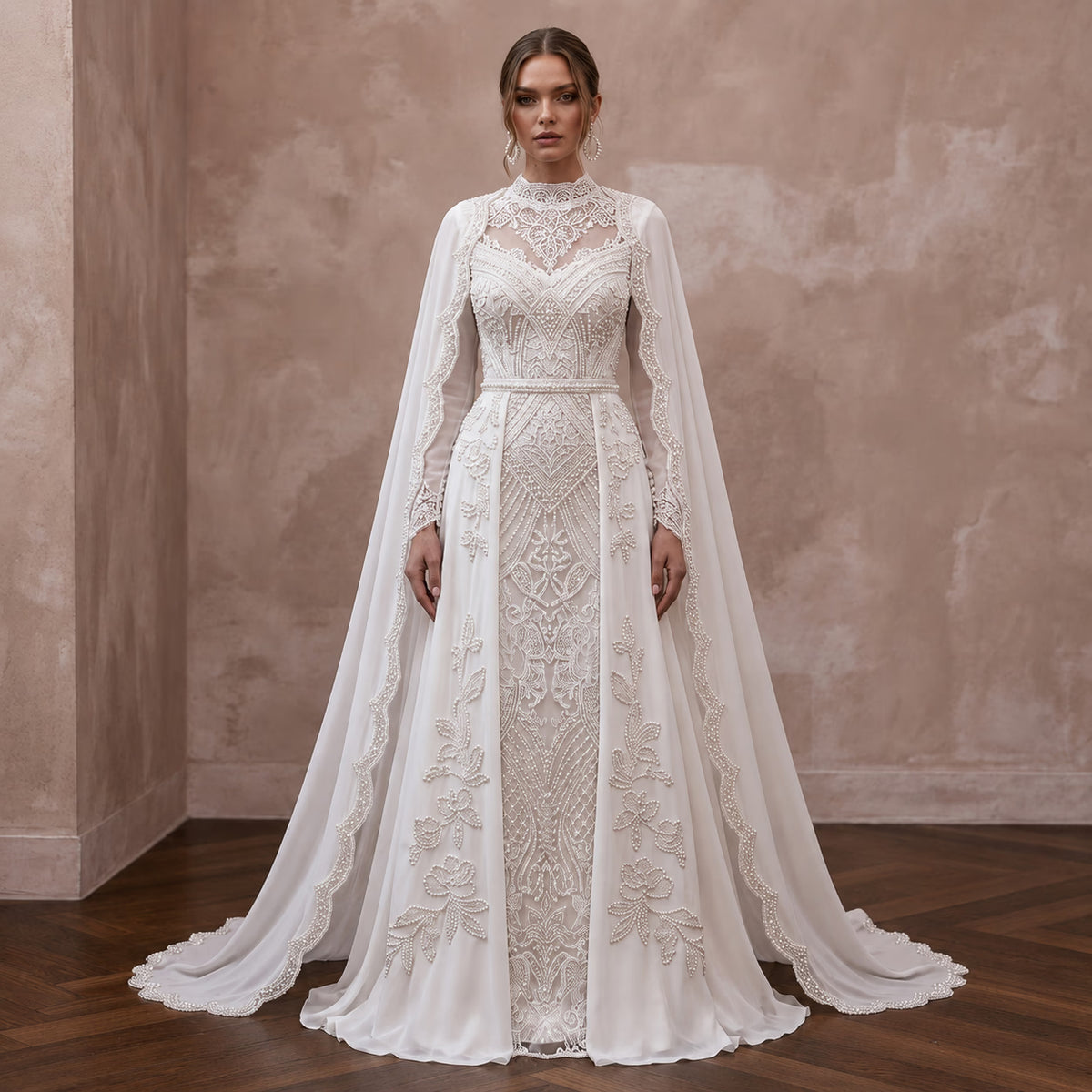 Muslim Chiffon A - Line Wedding Dress with Cape - Apparel & Accessories > Clothing > Wedding & Bridal Party Dresses > Wedding Dresses - Mignonette Bridal Main image
