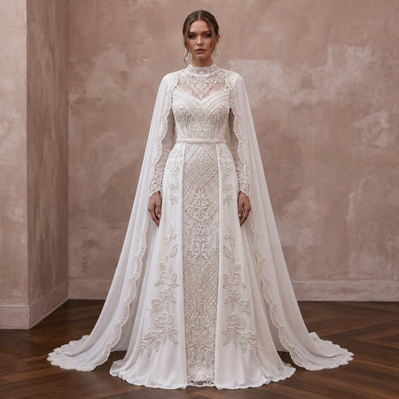 Muslim Chiffon A - Line Wedding Dress with Cape - Apparel & Accessories > Clothing > Wedding & Bridal Party Dresses > Wedding Dresses - Mignonette Bridal