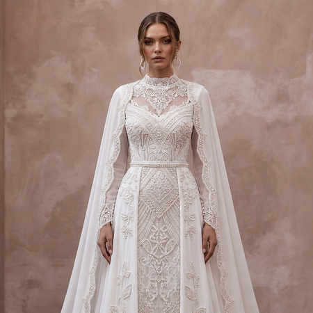Muslim Chiffon A - Line Wedding Dress with Cape - Apparel & Accessories > Clothing > Wedding & Bridal Party Dresses > Wedding Dresses - Mignonette Bridal