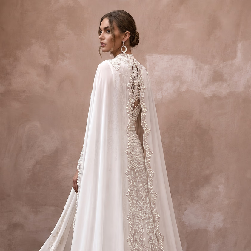 Muslim Chiffon A - Line Wedding Dress with Cape - Apparel & Accessories > Clothing > Wedding & Bridal Party Dresses > Wedding Dresses - Mignonette Bridal