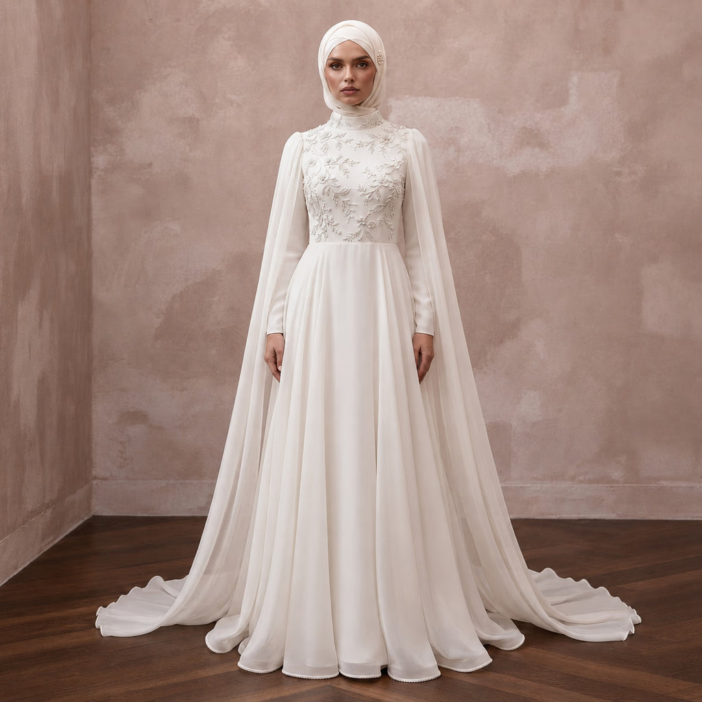 Muslim Chiffon Bridal Gown with Cape and A-Line Silhouette