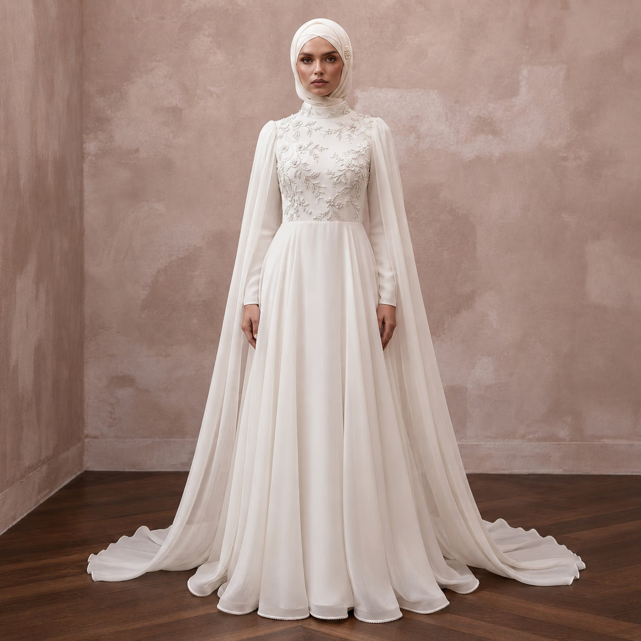 Muslim Chiffon Bridal Gown with Cape and A-Line Silhouette