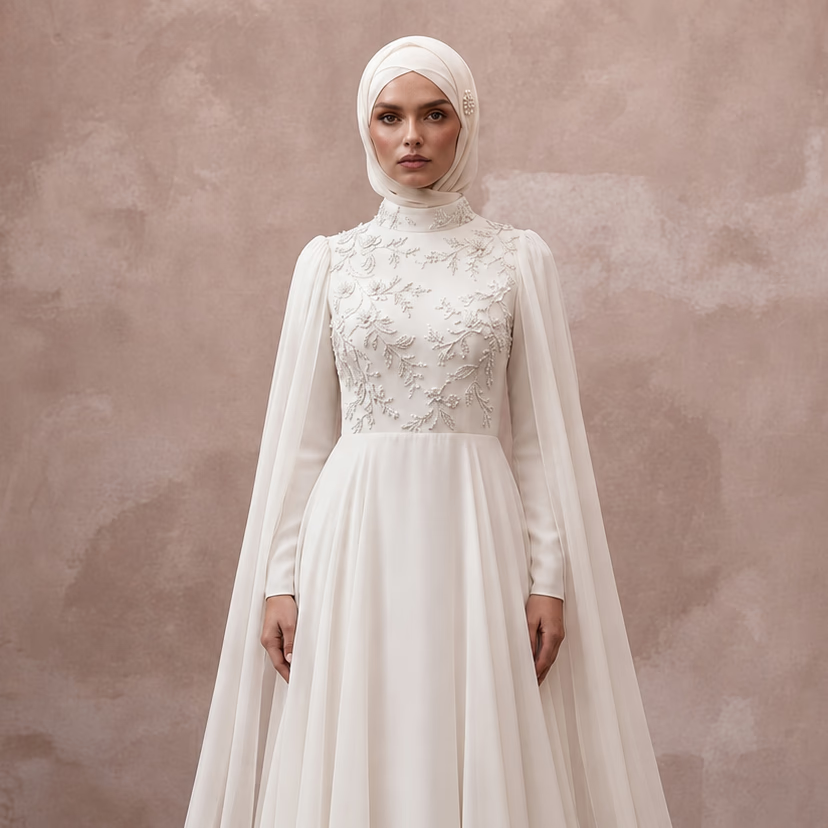 Muslim Chiffon Bridal Gown with Cape and A-Line Silhouette