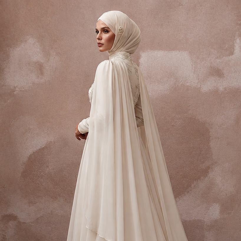 Muslim Chiffon Bridal Gown with Cape and A-Line Silhouette