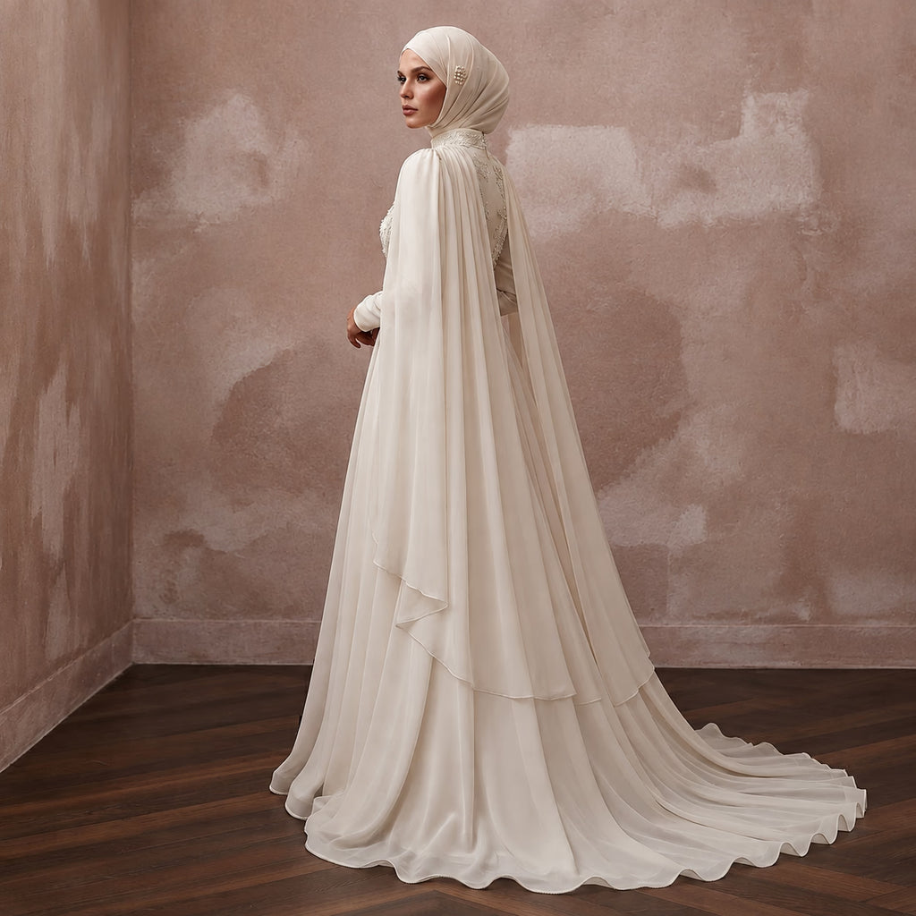 Muslim Chiffon Bridal Gown with Cape and A-Line Silhouette