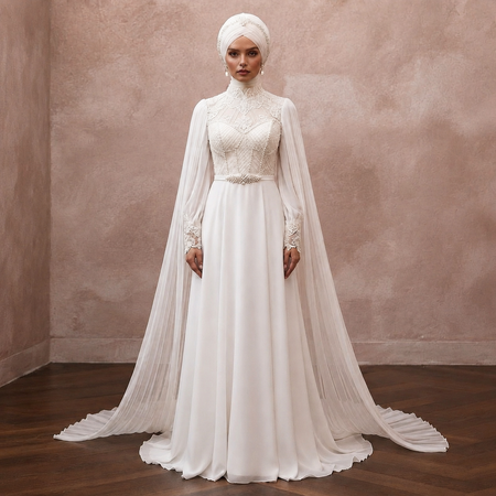 White high-neck wedding dress with lace bodice and flowing chiffon cape veil