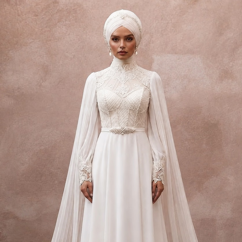 White high-neck lace wedding dress with chiffon cape sleeves and sheer overlay