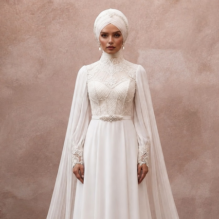 White high-neck lace wedding dress with chiffon cape sleeves and sheer overlay