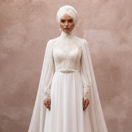 White high-neck lace wedding dress with chiffon cape sleeves and sheer overlay