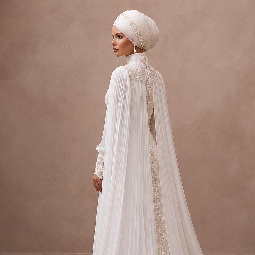 White high-neck lace wedding dress with embroidered back and long chiffon cape