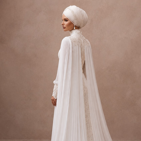 White high-neck lace wedding dress with embroidered back and long chiffon cape
