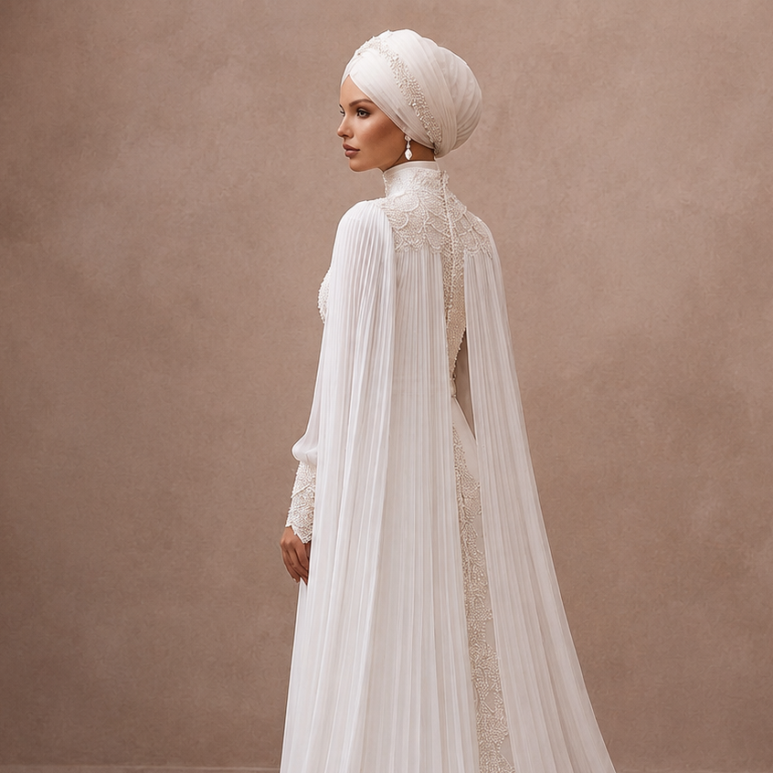White high-neck lace wedding dress with embroidered back and long chiffon cape
