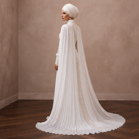 White chiffon cape wedding dress, side view with lace back and draped veil