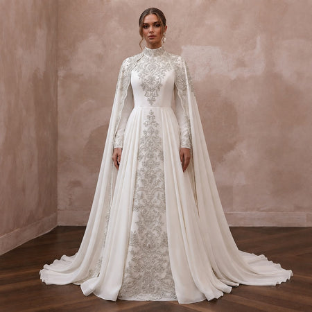 Muslim Chiffon Wedding Dress with Cape and Long Sleeves