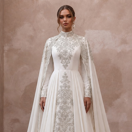 Muslim Chiffon Wedding Dress with Cape and Long Sleeves