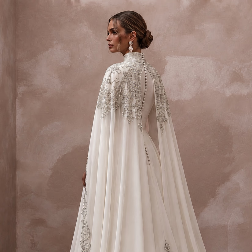 Muslim Chiffon Wedding Dress with Cape and Long Sleeves