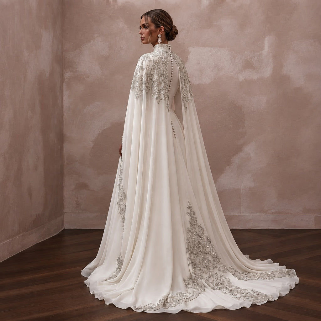 Muslim Chiffon Wedding Dress with Cape and Long Sleeves