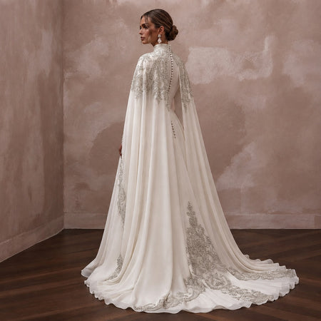 Muslim Chiffon Wedding Dress with Cape and Long Sleeves