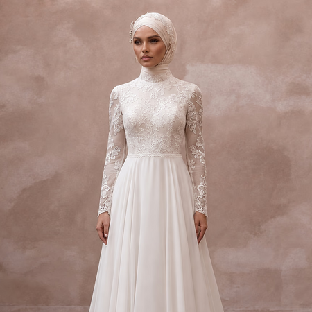 Muslim Chiffon Wedding Dress with Long Sleeves and A-Line Silhouette
