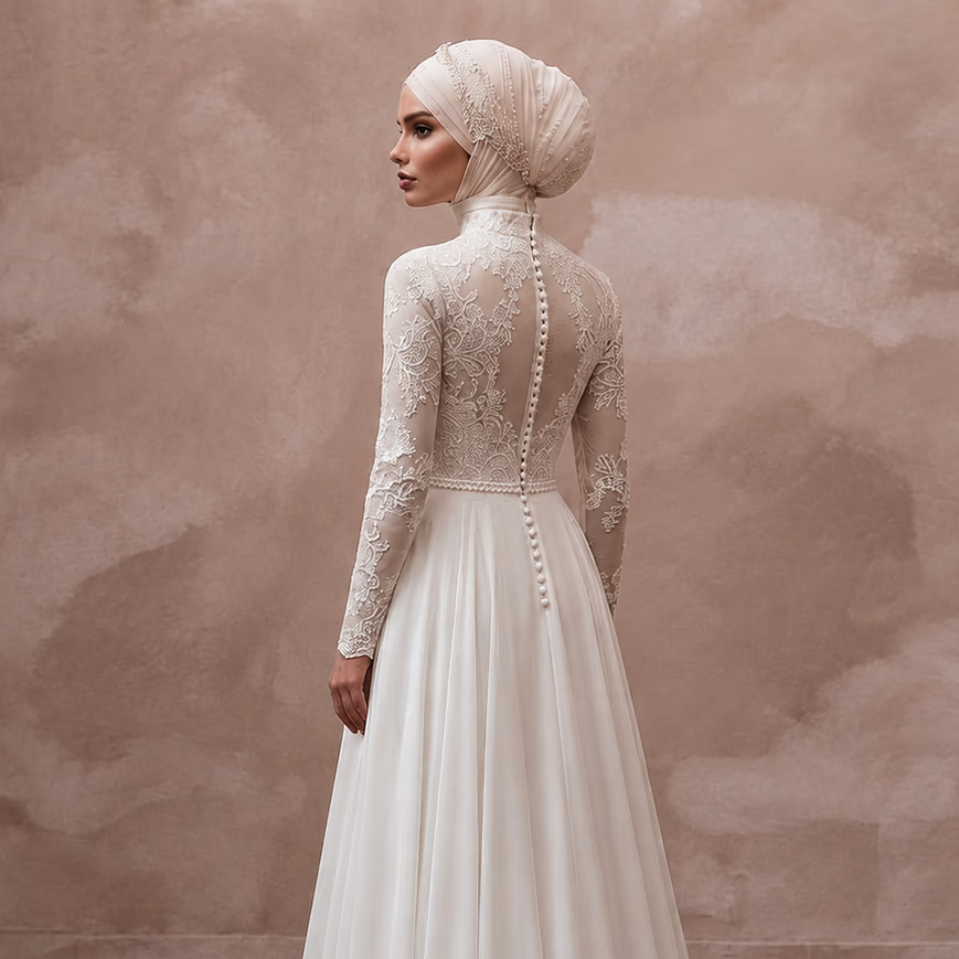 Muslim Chiffon Wedding Dress with Long Sleeves and A-Line Silhouette