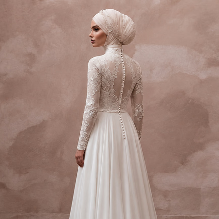 Muslim Chiffon Wedding Dress with Long Sleeves and A-Line Silhouette