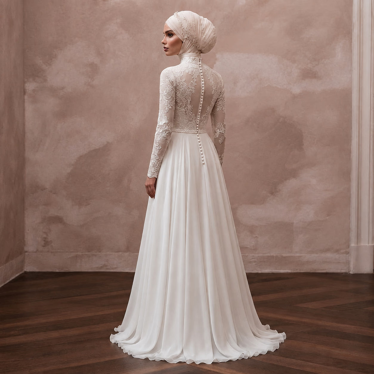 Muslim Chiffon Wedding Dress with Long Sleeves and A-Line Silhouette