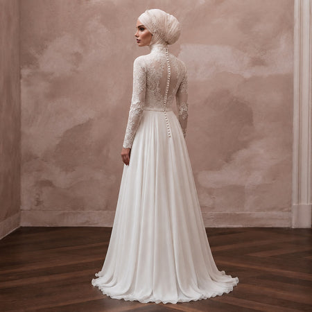 Muslim Chiffon Wedding Dress with Long Sleeves and A-Line Silhouette