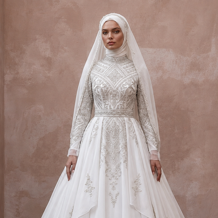 Front view: white embroidered long-sleeve wedding dress with veil-style hijab and full skirt