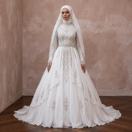 White ball gown wedding dress with long sleeves, embroidered panels, tiered skirt and headscarf