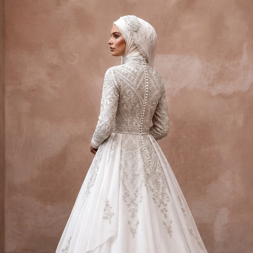 White long-sleeve wedding dress with embroidered back and bodice, flowing ball gown skirt
