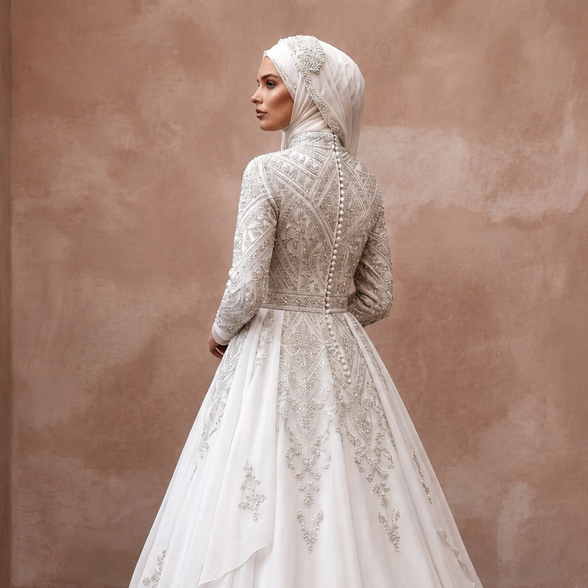 White long-sleeve wedding dress with embroidered back and bodice, flowing ball gown skirt