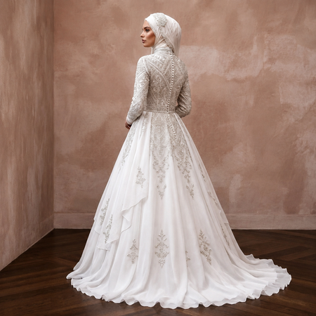 White chiffon wedding dress with long sleeves, embroidered bodice, full ball gown skirt