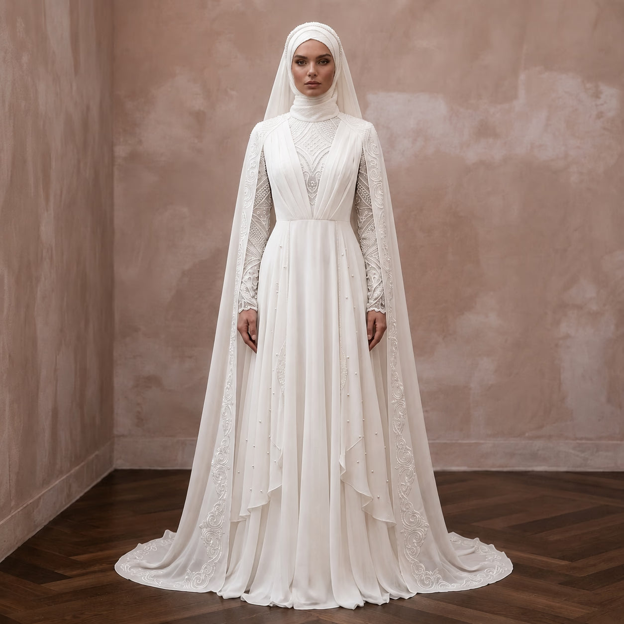Muslim Chiffon Wedding Dress with Long Sleeves and Cape
