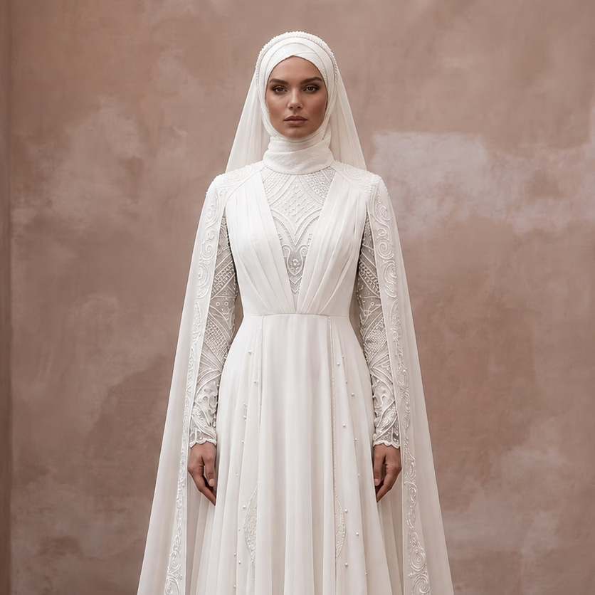 Muslim Chiffon Wedding Dress with Long Sleeves and Cape