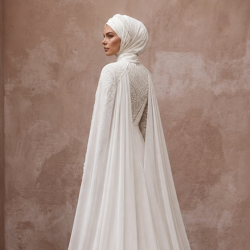 Muslim Chiffon Wedding Dress with Long Sleeves and Cape