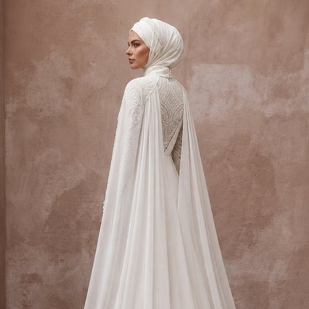Muslim Chiffon Wedding Dress with Long Sleeves and Cape