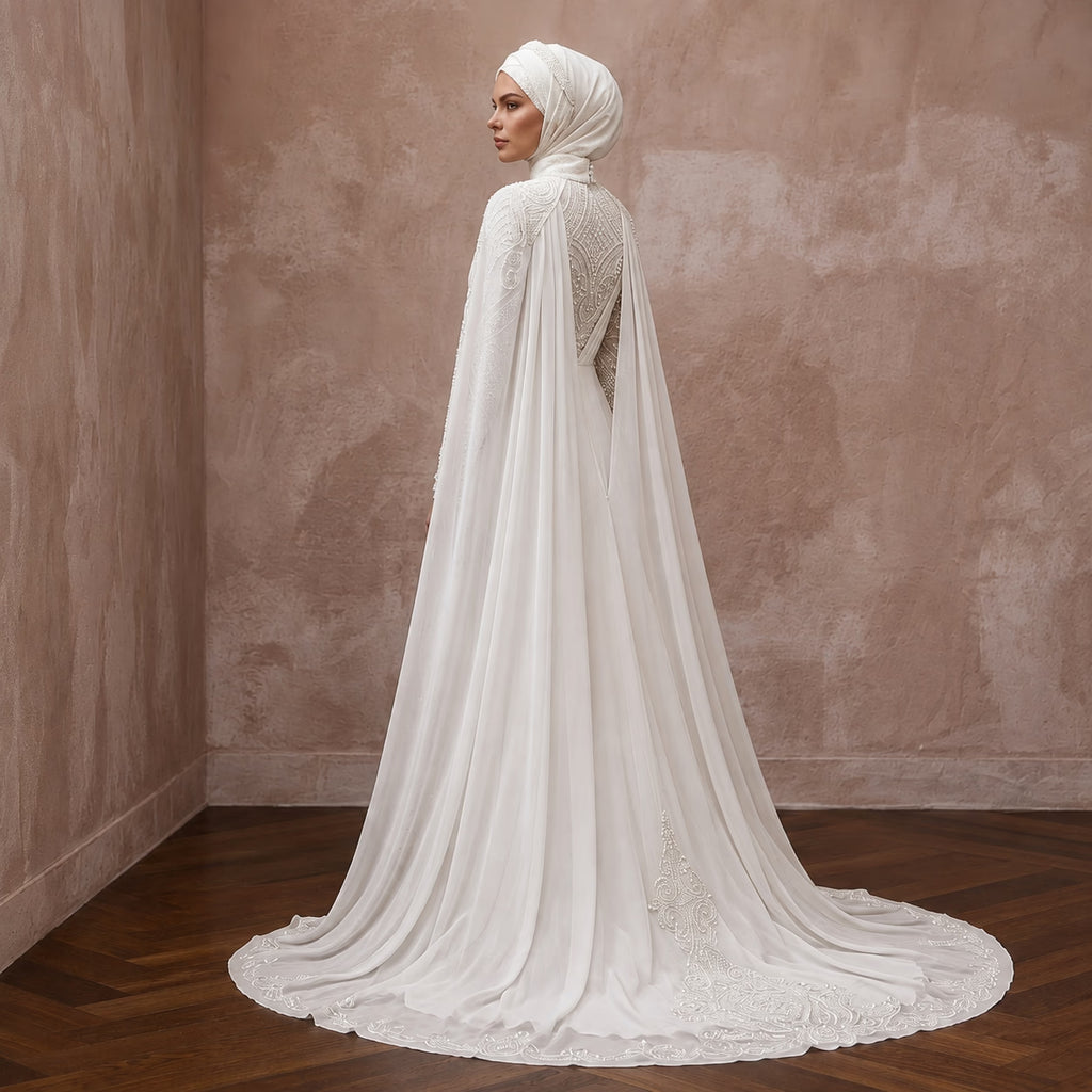 Muslim Chiffon Wedding Dress with Long Sleeves and Cape