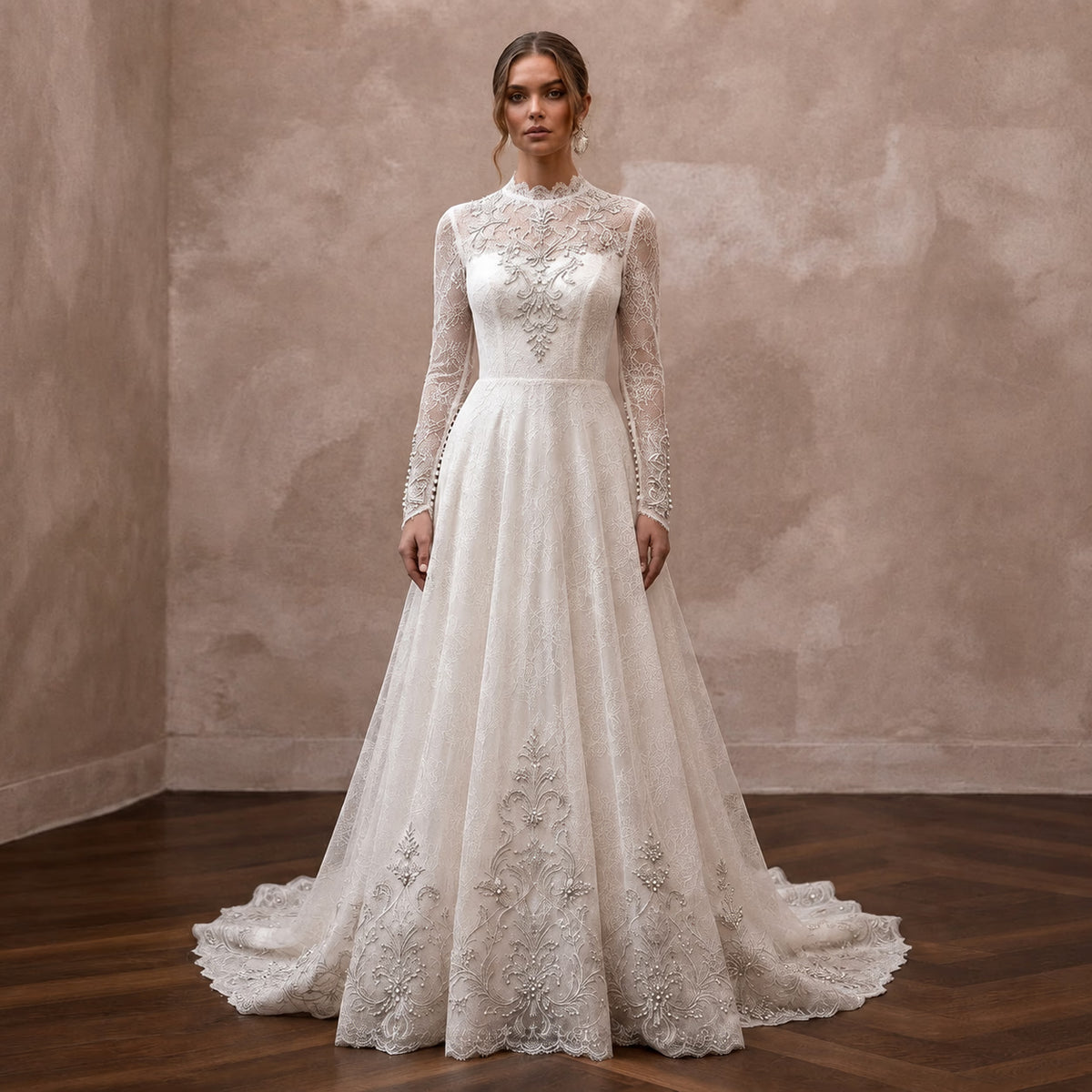 Muslim Lace A - Line Wedding Dress with Long Sleeves - Apparel & Accessories > Clothing > Wedding & Bridal Party Dresses > Wedding Dresses - Mignonette Bridal Main image