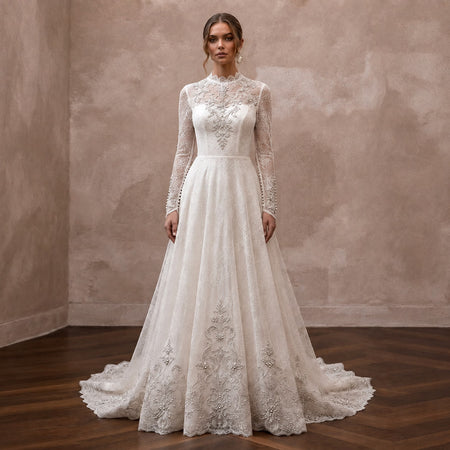 Muslim Lace A - Line Wedding Dress with Long Sleeves - Apparel & Accessories > Clothing > Wedding & Bridal Party Dresses > Wedding Dresses - Mignonette Bridal