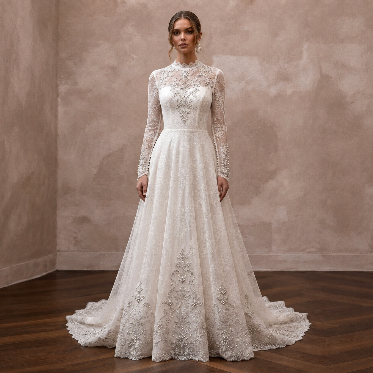 Muslim Lace A-Line Wedding Dress with Long Sleeves