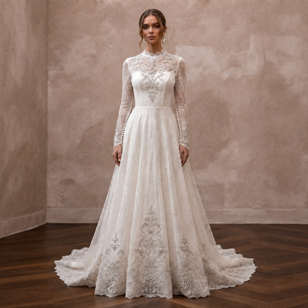 Muslim Lace A-Line Wedding Dress with Long Sleeves