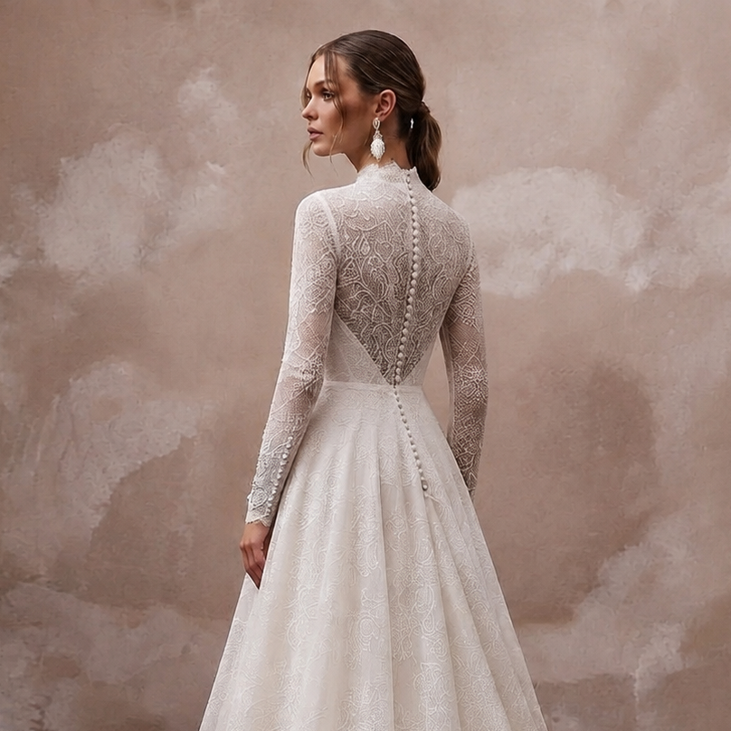 Muslim Lace A-Line Wedding Dress with Long Sleeves